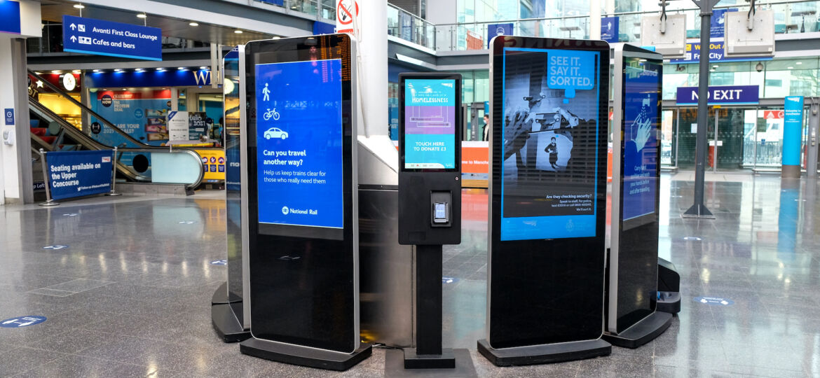 Charity donations made easy with tap and go kiosks at UK railway stations.
